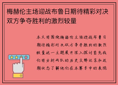 梅赫伦主场迎战布鲁日期待精彩对决双方争夺胜利的激烈较量